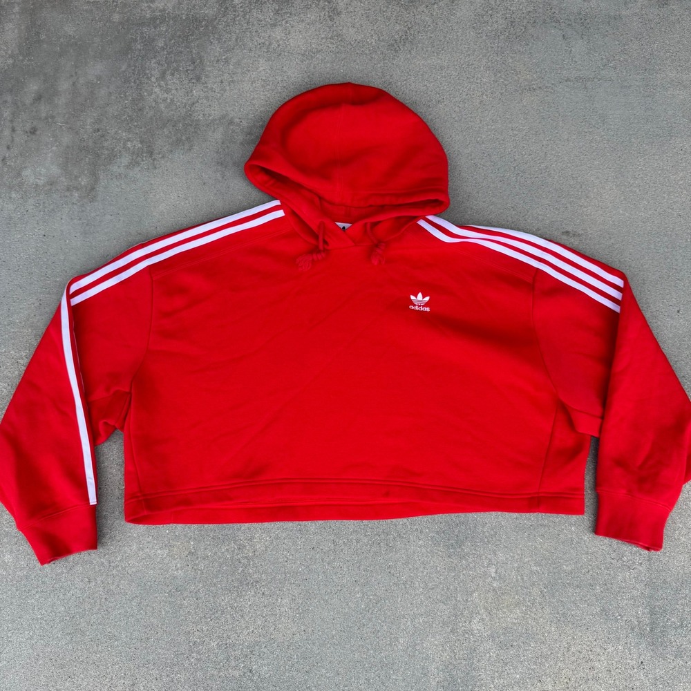 Adidas Originals Women Red 3-Stripe Cropped Hoodie Fleece Pullover Size Large